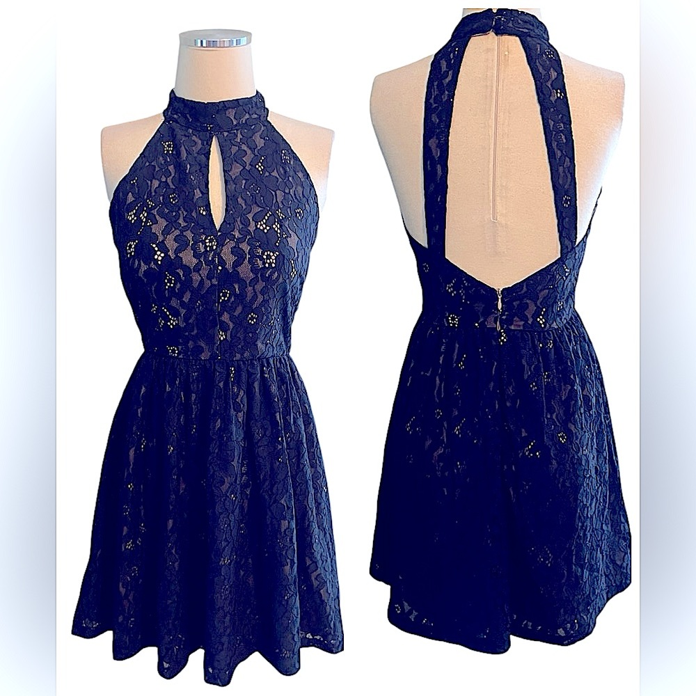 Anthropologie J.O.A. Navy & Cream Lace Halter Cutout Mini Dress Sz S